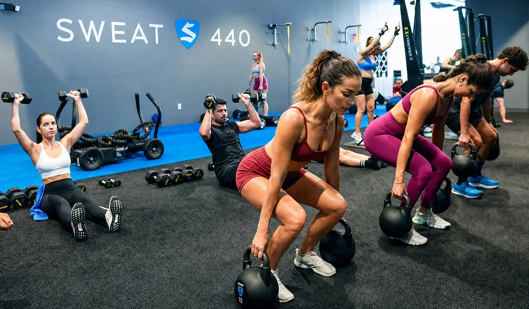 SWEAT440 members doing kettlebell squats in a group class